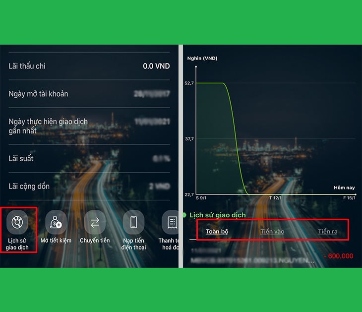 Xem lịch sử giao dịch Vietcombank trên app