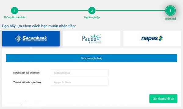 Điền thông tin tài khoản ngân hàng để giải ngân