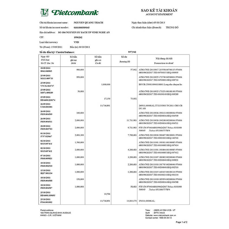 Sao kê tài khoản Vietcombank