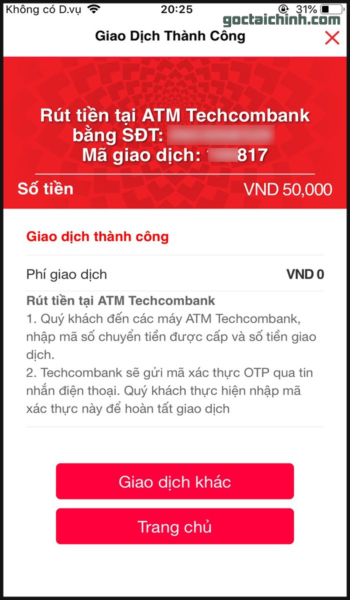 Hướng dẫn rút tiền không cần thẻ ATM Techcombank